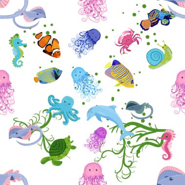 Deniz hayatı, balıklar, hayvanlar parlak, pürüzsüz desenler. Deniz yolculuğu, sualtı dalış yapan tropikal balıklar. Denizanası, balina, köpekbalığı, denizatı, palyaço balığı, yunus, kaplumbağa imparatoru balık ahtapot vatoz vatozu