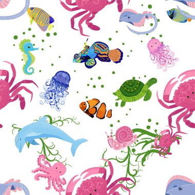 Deniz hayatı, balıklar, hayvanlar parlak, pürüzsüz desenler. Deniz yolculuğu, sualtı dalış yapan tropikal balıklar. Denizanası, balina, köpekbalığı, denizatı, palyaço balığı, yunus, kaplumbağa imparatoru balık ahtapot vatoz vatozu