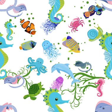 Deniz hayatı, balıklar, hayvanlar parlak, pürüzsüz desenler. Deniz yolculuğu, sualtı dalış yapan tropikal balıklar. Denizanası, balina, köpekbalığı, denizatı, palyaço balığı, yunus, kaplumbağa imparatoru balık ahtapot vatoz vatozu