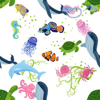 Deniz hayatı, balıklar, hayvanlar parlak, pürüzsüz desenler. Deniz yolculuğu, sualtı dalış yapan tropikal balıklar. Denizanası, balina, köpekbalığı, denizatı, palyaço balığı, yunus, kaplumbağa imparatoru balık ahtapot vatoz vatozu