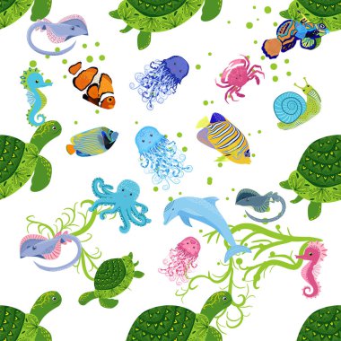 Deniz hayatı, balıklar, hayvanlar parlak, pürüzsüz desenler. Deniz yolculuğu, sualtı dalış yapan tropikal balıklar. Denizanası, balina, köpekbalığı, denizatı, palyaço balığı, yunus, kaplumbağa imparatoru balık ahtapot vatoz vatozu