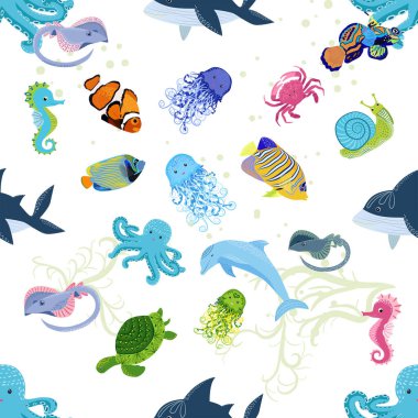 Deniz hayatı, balıklar, hayvanlar parlak, pürüzsüz desenler. Deniz yolculuğu, sualtı dalış yapan tropikal balıklar. Denizanası, balina, köpekbalığı, denizatı, palyaço balığı, yunus, kaplumbağa imparatoru balık ahtapot vatoz vatozu