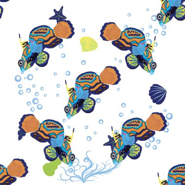 Mandarin balığının dikişsiz desenleri. Deniz kabukları, deniz yosunu, denizyıldızı, deniz hayvanı yaban hayatı karakteri arasında güzel bir karakter. Doğa su altında, deniz vahşi okyanus hayvanat bahçesi balıkları