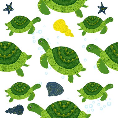 Kaplumbağa yeşili pürüzsüz desen, deniz kabukları arasında güzel bir karakter, deniz yosunu, denizyıldızı, deniz hayvanları, vahşi yaşam. Su altında doğa, okyanus hayvanat bahçesinde deniz yaban balığı.