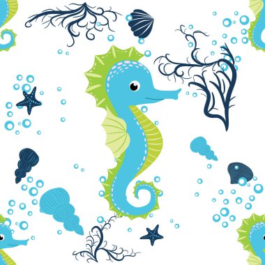 Deniz atı, deniz sakinleri kusursuz desen, deniz kabukları arasında güzel bir karakter, deniz yosunu, denizyıldızı, deniz yaban hayatı.