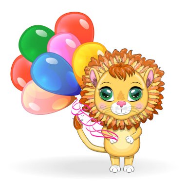 Çocukların parlak tarzında, balonlu, kocaman gözleri olan sevimli çizgi film aslanı tebrik kartı.