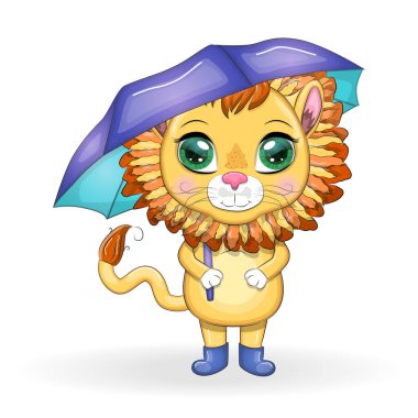 Şemsiyeli çizgi film aslanı. Sonbahar karakteri ve kartpostal geliyor.