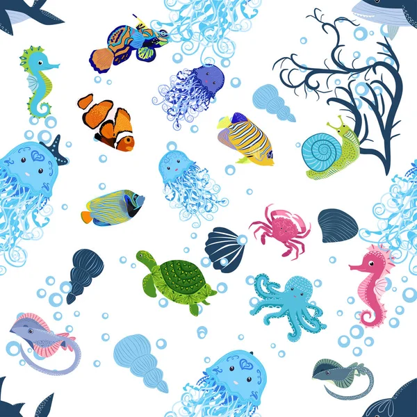 Deniz hayatı, balıklar, hayvanlar parlak, pürüzsüz desenler. Deniz yolculuğu, sualtı dalış yapan tropikal balıklar. Denizanası, balina, köpekbalığı, denizatı, palyaço balığı, yunus, kaplumbağa imparatoru balık ahtapot vatoz vatozu