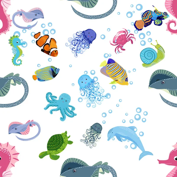 Deniz hayatı, balıklar, hayvanlar parlak, pürüzsüz desenler. Deniz yolculuğu, sualtı dalış yapan tropikal balıklar. Denizanası, balina, köpekbalığı, denizatı, palyaço balığı, yunus, kaplumbağa imparatoru balık ahtapot vatoz vatozu