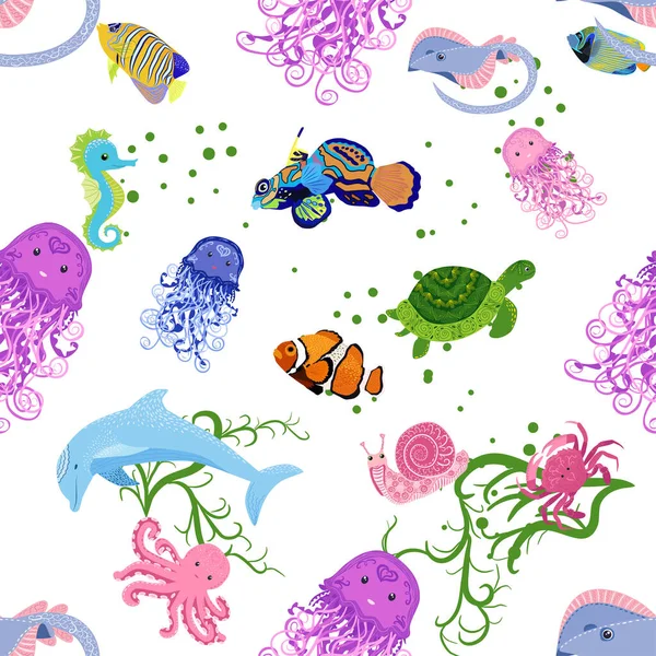 Deniz hayatı, balıklar, hayvanlar parlak, pürüzsüz desenler. Deniz yolculuğu, sualtı dalış yapan tropikal balıklar. Denizanası, balina, köpekbalığı, denizatı, palyaço balığı, yunus, kaplumbağa imparatoru balık ahtapot vatoz vatozu