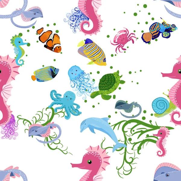 Deniz hayatı, balıklar, hayvanlar parlak, pürüzsüz desenler. Deniz yolculuğu, sualtı dalış yapan tropikal balıklar. Denizanası, balina, köpekbalığı, denizatı, palyaço balığı, yunus, kaplumbağa imparatoru balık ahtapot vatoz vatozu