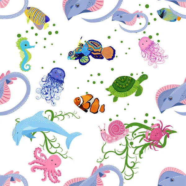 Deniz hayatı, balıklar, hayvanlar parlak, pürüzsüz desenler. Deniz yolculuğu, sualtı dalış yapan tropikal balıklar. Denizanası, balina, köpekbalığı, denizatı, palyaço balığı, yunus, kaplumbağa imparatoru balık ahtapot vatoz vatozu