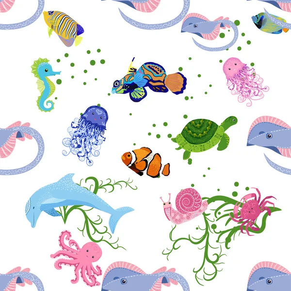 Deniz hayatı, balıklar, hayvanlar parlak, pürüzsüz desenler. Deniz yolculuğu, sualtı dalış yapan tropikal balıklar. Denizanası, balina, köpekbalığı, denizatı, palyaço balığı, yunus, kaplumbağa imparatoru balık ahtapot vatoz vatozu