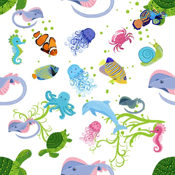 Deniz hayatı, balıklar, hayvanlar parlak, pürüzsüz desenler. Deniz yolculuğu, sualtı dalış yapan tropikal balıklar. Denizanası, balina, köpekbalığı, denizatı, palyaço balığı, yunus, kaplumbağa imparatoru balık ahtapot vatoz vatozu