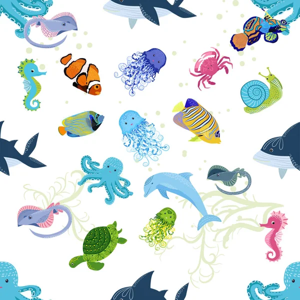 Życie Morskie Ryby Zwierzęta Jasny Płynny Wzór Podróże Morskie Podwodne — Wektor stockowy