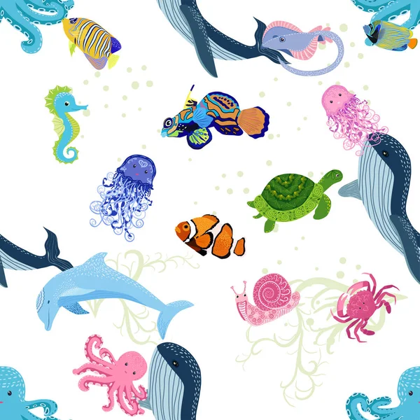 Deniz hayatı, balıklar, hayvanlar parlak, pürüzsüz desenler. Deniz yolculuğu, sualtı dalış yapan tropikal balıklar. Denizanası, balina, köpekbalığı, denizatı, palyaço balığı, yunus, kaplumbağa imparatoru balık ahtapot vatoz vatozu