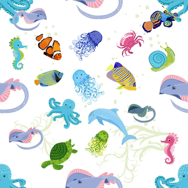 Deniz hayatı, balıklar, hayvanlar parlak, pürüzsüz desenler. Deniz yolculuğu, sualtı dalış yapan tropikal balıklar. Denizanası, balina, köpekbalığı, denizatı, palyaço balığı, yunus, kaplumbağa imparatoru balık ahtapot vatoz vatozu