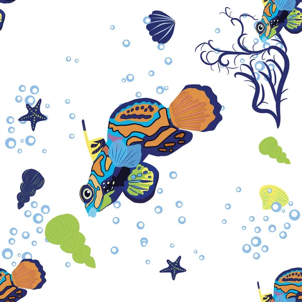 Mandarin balığının dikişsiz desenleri. Deniz kabukları, deniz yosunu, denizyıldızı, deniz hayvanı yaban hayatı karakteri arasında güzel bir karakter. Doğa su altında, deniz vahşi okyanus hayvanat bahçesi balıkları