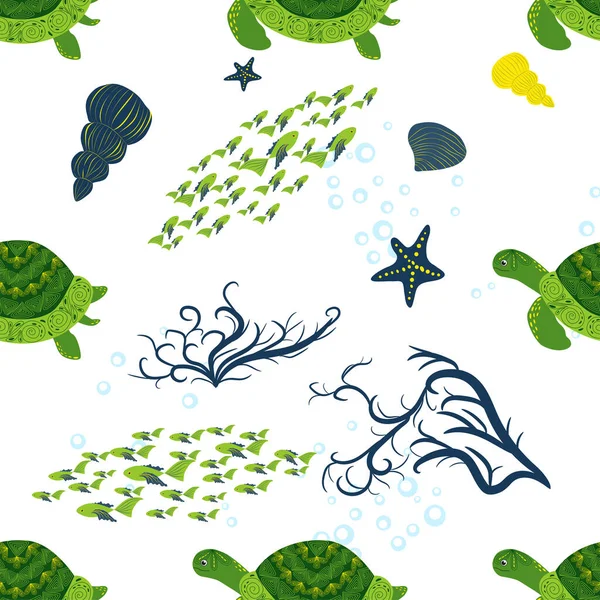 Turtle Green Seamless Pattern Beautiful Character Seashells Seaweed Starfish Sea — Stock Vector