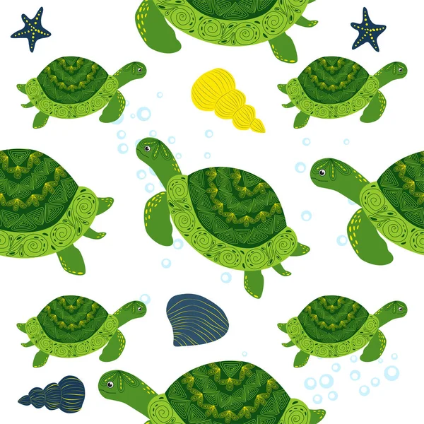 Kaplumbağa yeşili pürüzsüz desen, deniz kabukları arasında güzel bir karakter, deniz yosunu, denizyıldızı, deniz hayvanları, vahşi yaşam. Su altında doğa, okyanus hayvanat bahçesinde deniz yaban balığı.