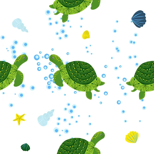 Schildkrötengrün Nahtlose Muster Schöner Charakter Zwischen Muscheln Algen Seesternen Meerestieren — Stockvektor