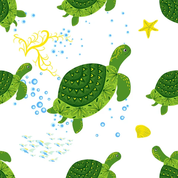 Kaplumbağa yeşili pürüzsüz desen, deniz kabukları arasında güzel bir karakter, deniz yosunu, denizyıldızı, deniz hayvanları, vahşi yaşam. Su altında doğa, okyanus hayvanat bahçesinde deniz yaban balığı.