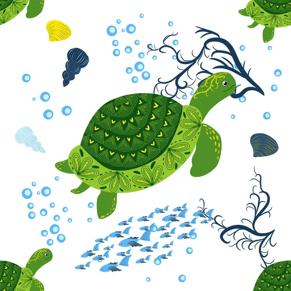 Schildkrötengrün Nahtlose Muster Schöner Charakter Zwischen Muscheln Algen Seesternen Meerestieren — Stockvektor
