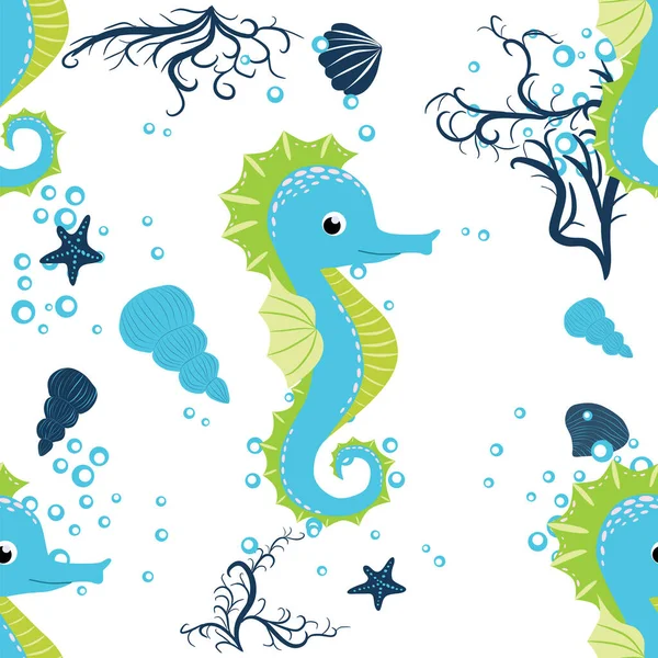 Seahorse Sea Inhabitants Seamless Pattern Beautiful Character Seashells Seaweed Starfish — Stock Vector