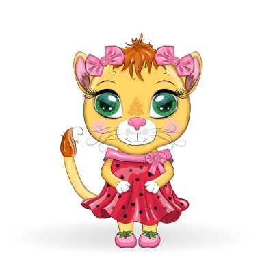 Çizgi film dişi aslanı, güzel bir elbise içinde, fiyonklu ve çiçekli. Kız karakteri, insan özellikleri olan vahşi bir hayvan..