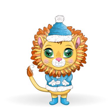 Kış kıyafetleri içinde çizgi film aslanı. Yeni yıl ve Noel. Atkılar, kürk manto, şapka, patenler, hediyeler, baston şekerler ve toplar.