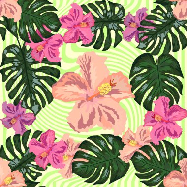 Çiçeksel egzotik tropikal desensiz tropik Hawaii duvar kağıdı. Botanik parmak izi. Modern çiçek arkaplanı