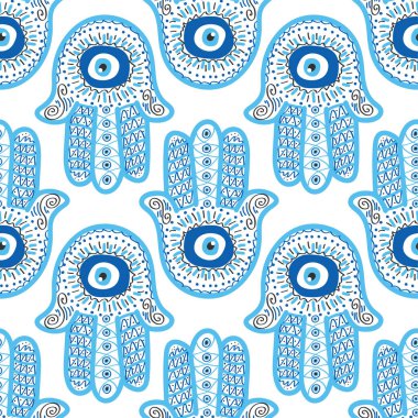 Hamsa gözü, sihirli göz kusursuz desen. Büyü, büyücülük, okült sembol. Mavi, beyaz, altın gözler. Kumaş tekstil duvar kağıdı