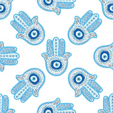 Hamsa gözü, sihirli göz kusursuz desen. Büyü, büyücülük, okült sembol. Mavi, beyaz, altın gözler. Kumaş tekstil duvar kağıdı