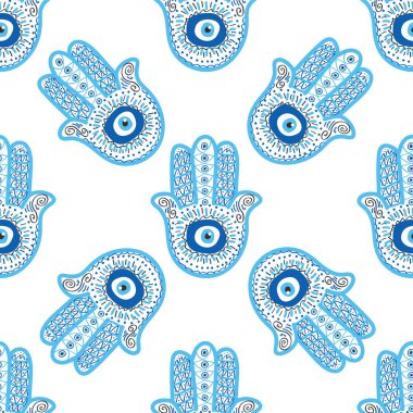 Hamsa gözü, sihirli göz kusursuz desen. Büyü, büyücülük, okült sembol. Mavi, beyaz, altın gözler. Kumaş tekstil duvar kağıdı