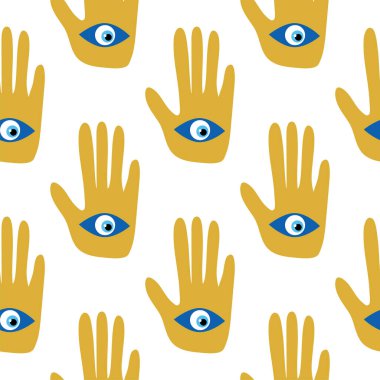 Hamsa gözü, sihirli göz kusursuz desen. Büyü, büyücülük, okült sembol. Mavi, beyaz, altın gözler. Kumaş tekstil duvar kağıdı