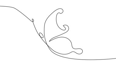 Sürekli bir çizgi çiziyor. Uçan kelebek logosu. Siyah beyaz çizim. Kavram logosu, kart, afiş, poster