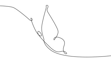 Sürekli bir çizgi çiziyor. Uçan kelebek logosu. Siyah beyaz çizim. Kavram logosu, kart, afiş, poster