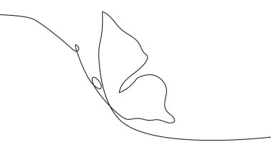 Sürekli bir çizgi çiziyor. Uçan kelebek logosu. Siyah beyaz çizim. Kavram logosu, kart, afiş, poster