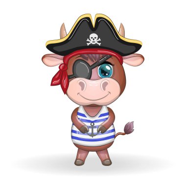 Boğa, inek korsanı, oyunun çizgi film karakteri, bandana takmış vahşi bir hayvan ve kafataslı, göz bandı takmış bir şapka. Parlak gözlü karakter Beyazlara izole edilmiş