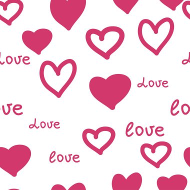 Kırmızı kalpli kusursuz desen ve yazıt seni seviyor. Dekoratif elementler tekstil, kumaş, ambalaj kağıdı, duvar kağıdı, kart