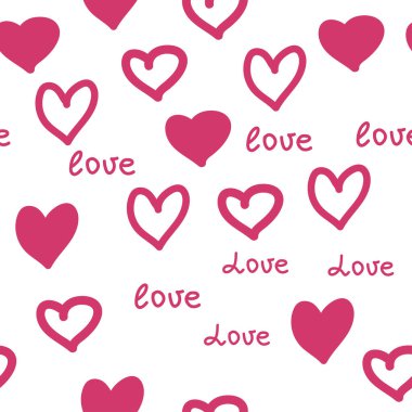 Kırmızı kalpli kusursuz desen ve yazıt seni seviyor. Dekoratif elementler tekstil, kumaş, ambalaj kağıdı, duvar kağıdı, kart