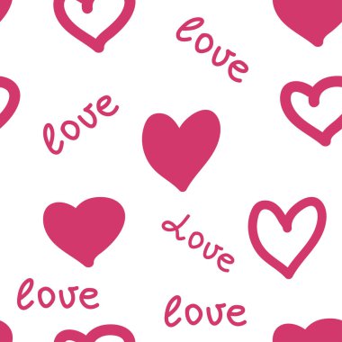 Kırmızı kalpli kusursuz desen ve yazıt seni seviyor. Dekoratif elementler tekstil, kumaş, ambalaj kağıdı, duvar kağıdı, kart