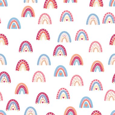 Gökkuşağı renklerinde pürüzsüz desen. İskandinav bebek eli çizimi tekstil ve yeni doğan kıyafetleri için mükemmel..