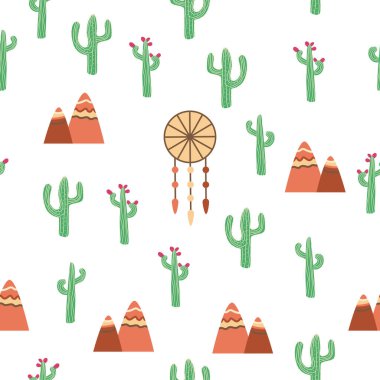 Klasik, güzel, dikişsiz çöl deseni çizimi. Kaktüslü manzara, dağlar, bulutlar, düş kapanı