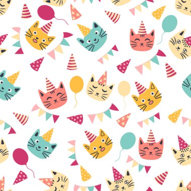 Kusursuz doğum günü kutlaması unsurları. Balonlar, hediyeler, bayrak, pasta, şapkalı şirin kedi. Doğum günü kartı şablonu. Renkli çelenk bayrakları, taç giymiş şirin bir kedi ve konfeti.