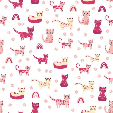 Komik renkli kedileri ve gökkuşakları olan kusursuz çocuksu bir model. Yaratıcı İskandinav çocuk dokusu. Miyav yazıtı