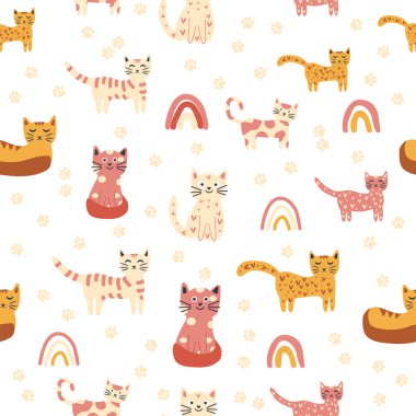 Komik renkli kedileri ve gökkuşakları olan kusursuz çocuksu bir model. Yaratıcı İskandinav çocuk dokusu. Miyav yazıtı