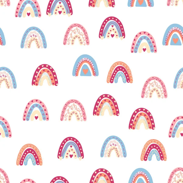 Gökkuşağı renklerinde pürüzsüz desen. İskandinav bebek eli çizimi tekstil ve yeni doğan kıyafetleri için mükemmel..
