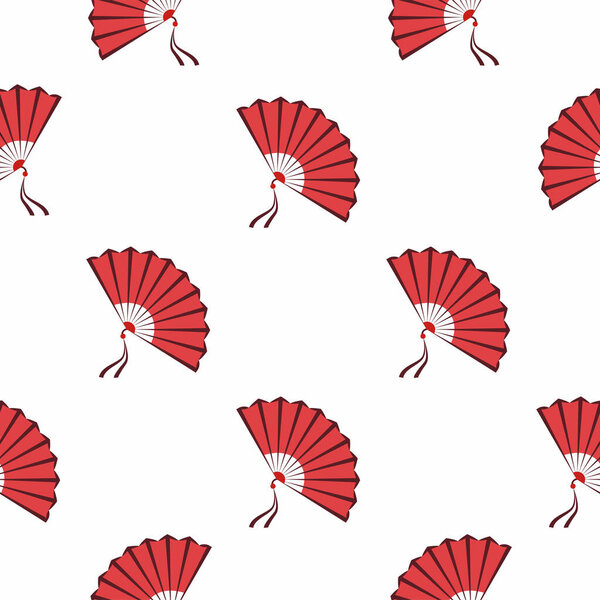 Chinese symbols seamless pattern. the coin with hieroglyphs, yin-yang, red fan, lanterns. Traditional signs