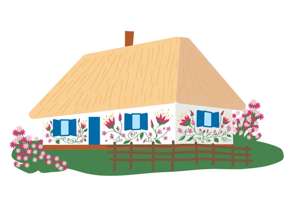 白い壁 茅葺き屋根 花の庭とウィッカーフェンスとウクライナの伝統的な家 ウクライナの民俗農村建築 歴史的生活のカラフルなクリップ — ストックベクタ